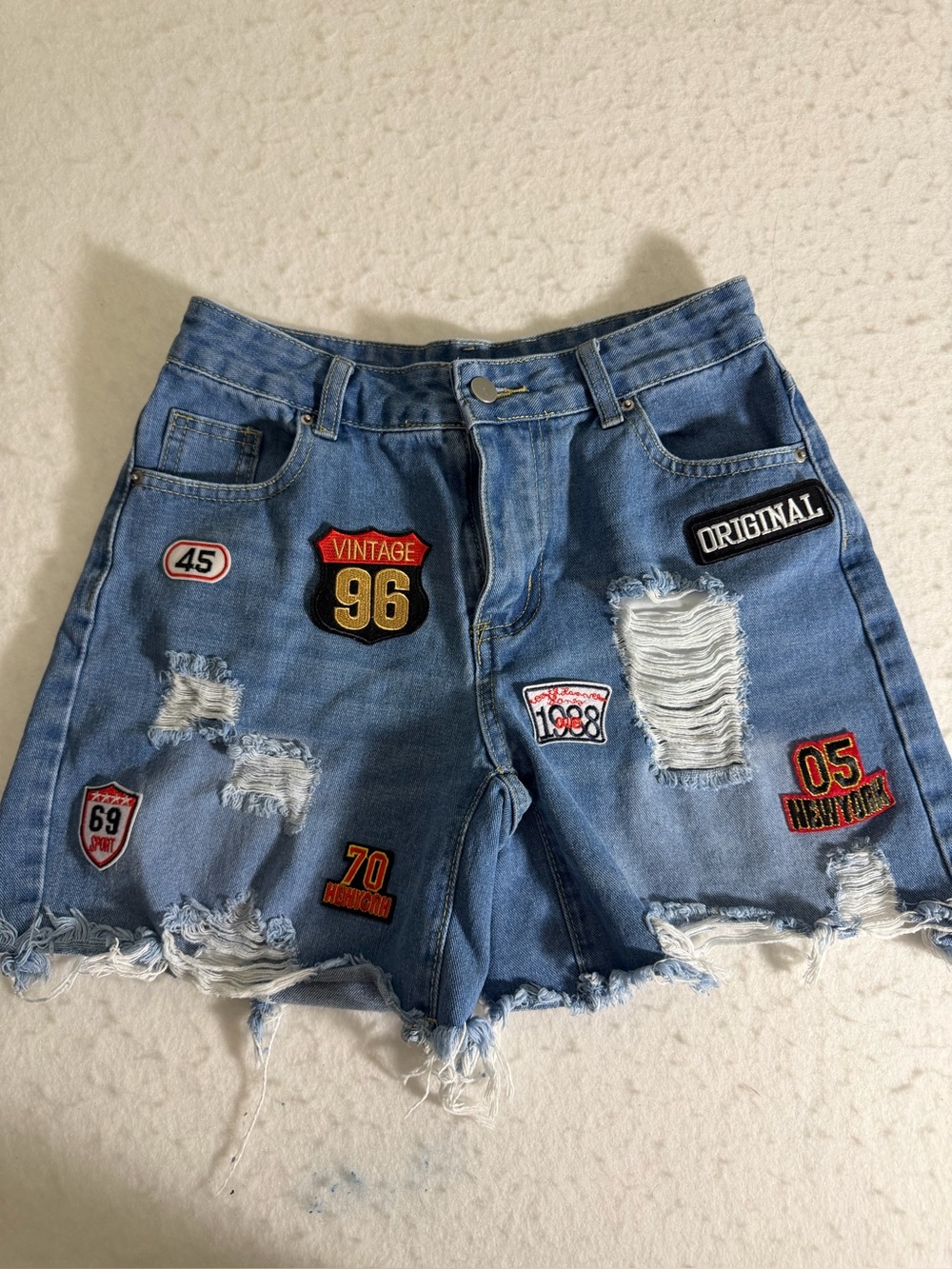 SHEIN Light Blue Distressed Patch Denim Shorts